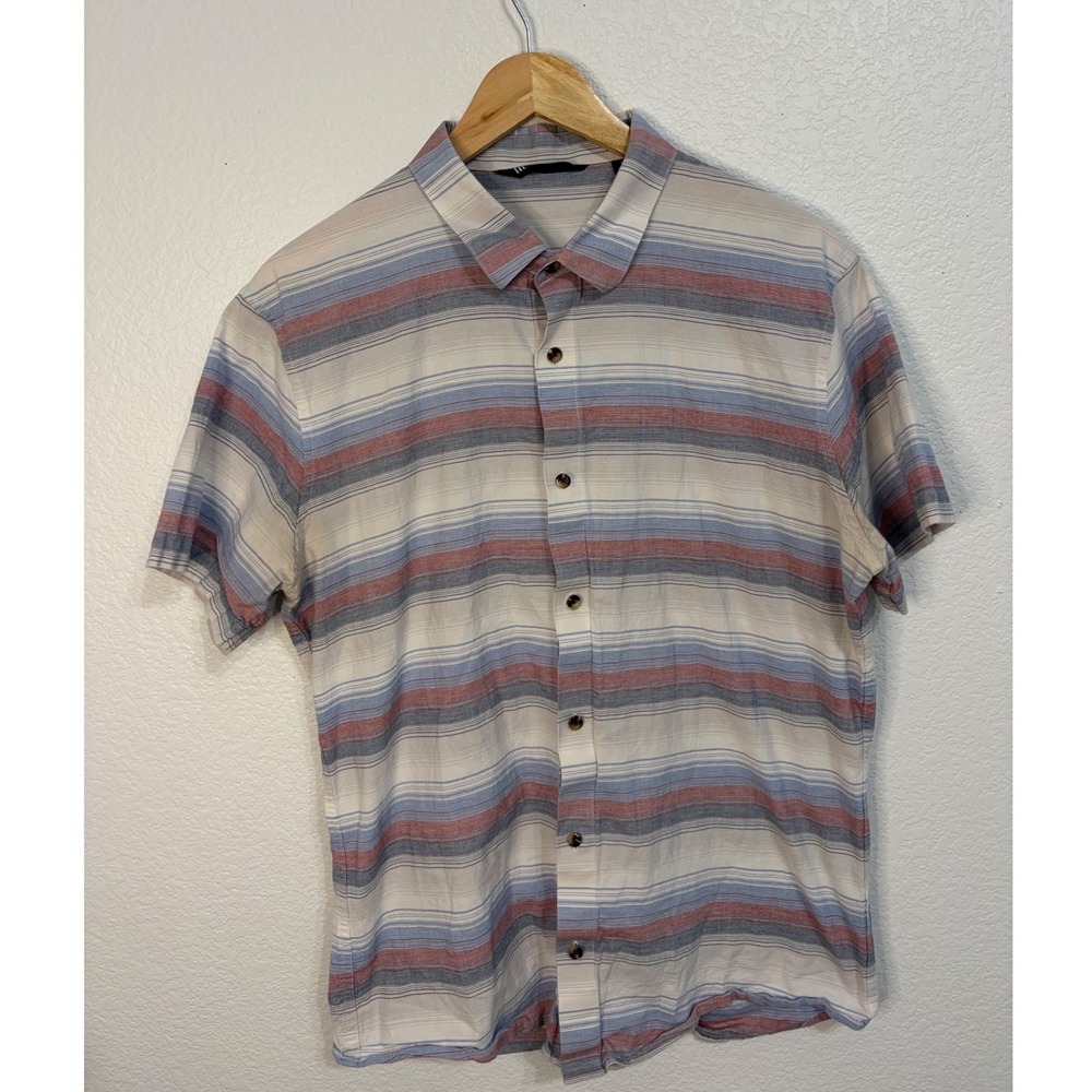 TravisMathew Mens Large Short Sleeve Button Down Striped Golf Shirt Blue Red